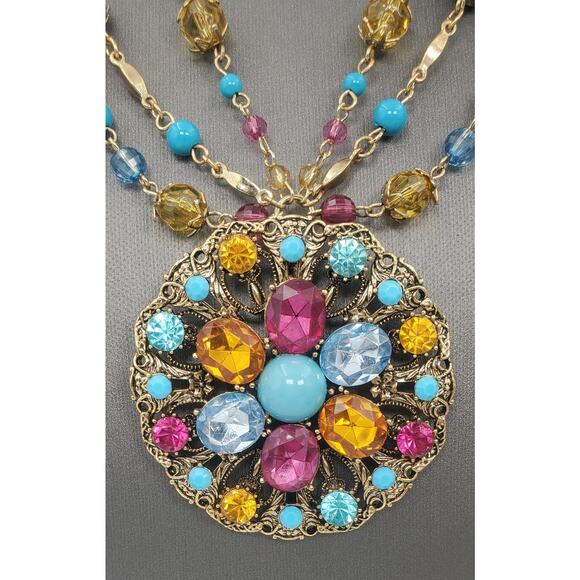 Vintage Triple Strand Medallion Statement Necklace and Stretch Bracelet Set  NOS - Picture 3 of 8